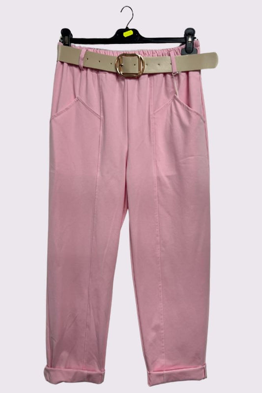 Plain Front Pockets Belted Pants