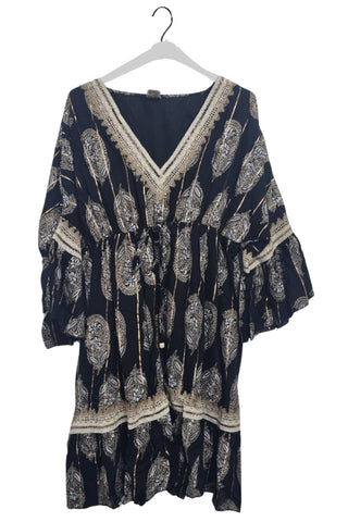Paisley-Inspired Print Metallic Threadwork Vintage Bohemian Dress
