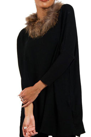 Oversized Fur Trim Collar Knitted Jumper