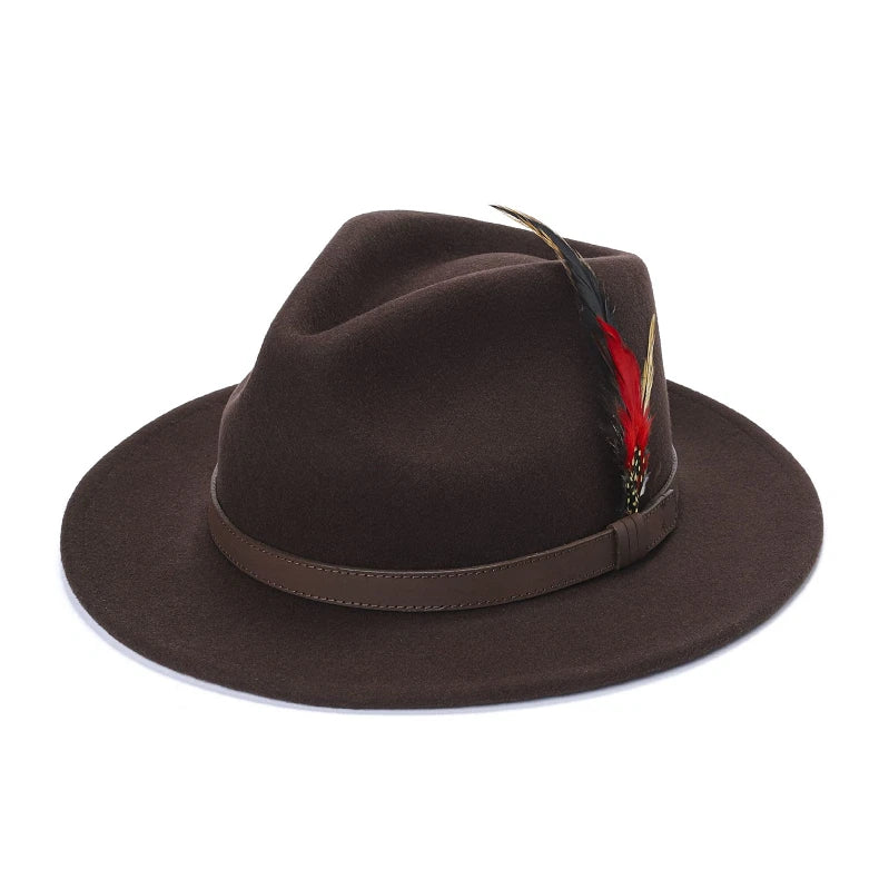 Fedora Wide Brim Feather Hat For Unisex In Brown