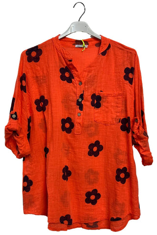 Floral Print Single Chest Pocket Cotton Top