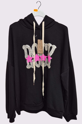 Sequin Rock Star Motif Oversized Hoodstring Cotton Hoodie
