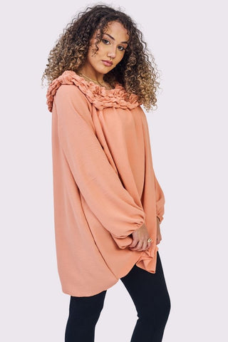Plain Ruffle Neckline Oversized Top