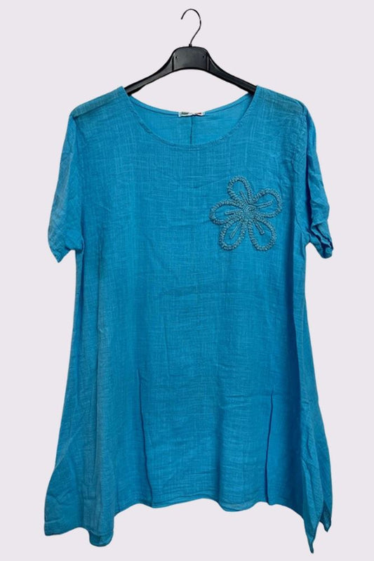 Embroidered Floral Side Slits Oversized Cotton Top