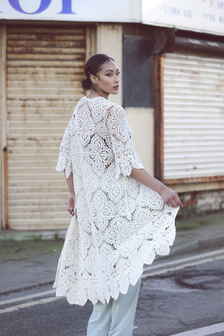 Floral Crochet Pattern Drawstring Fastening Cotton Long Cardigan