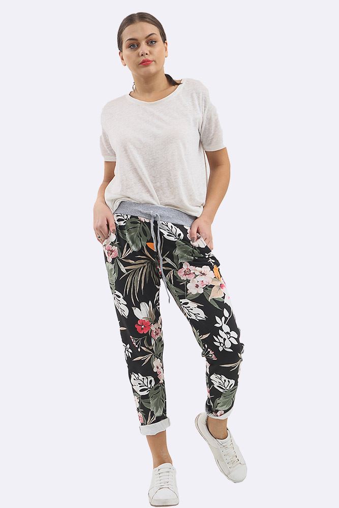 Women Cotton Tropical Print Drawstring Trouser