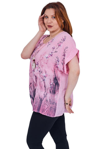 Floral Print Necklace Tunic Cotton Top