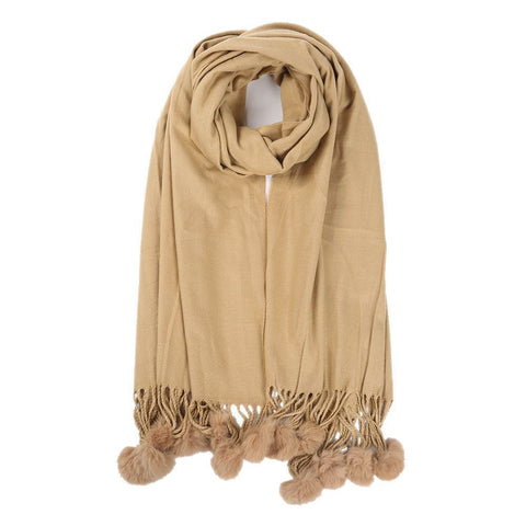 Plain Wool Mix Fringe Fur Pom Pom Scarf/Shawl