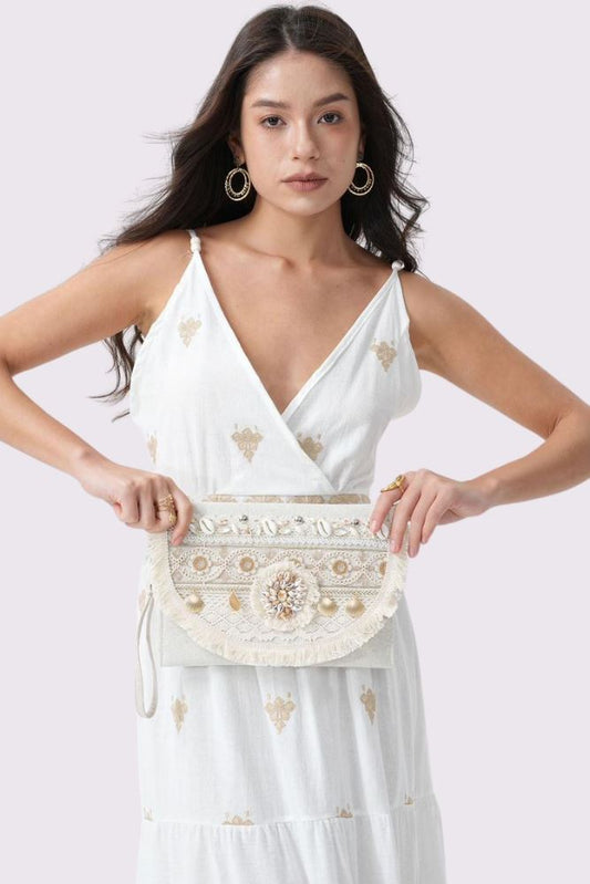 Embroidered Shell Tassel Bag