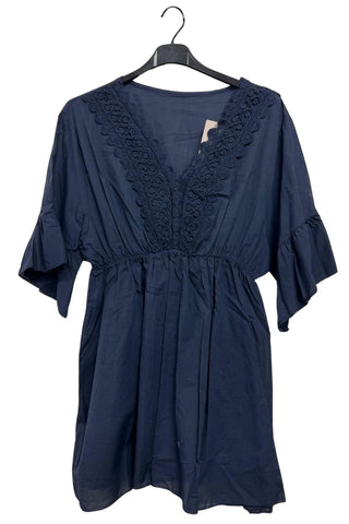 Plain V-Neckline With Lace Trim Detailing Tunic Cotton Dress