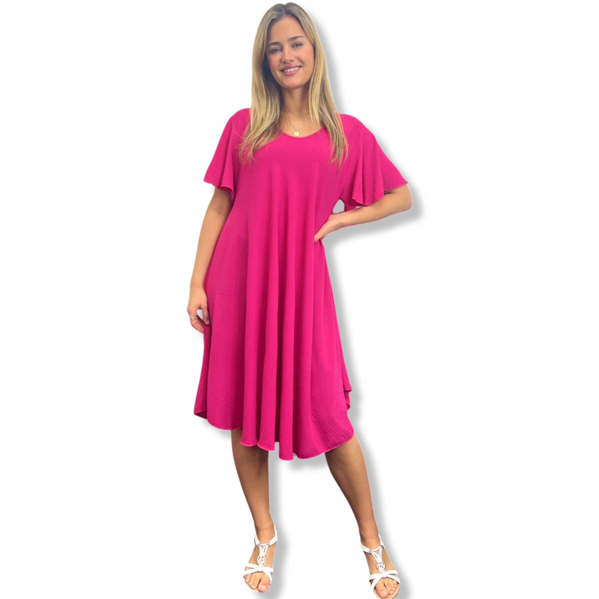 Fuchsia Bloom Flutter Sleeve Dress