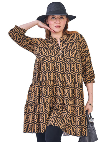 Multi Print V-Neckline With Button Dress