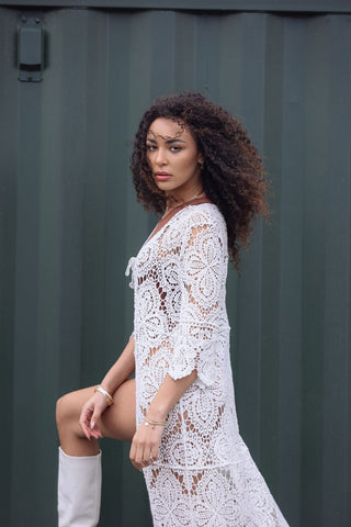 Floral Crochet Pattern Drawstring Fastening Cotton Long Cardigan