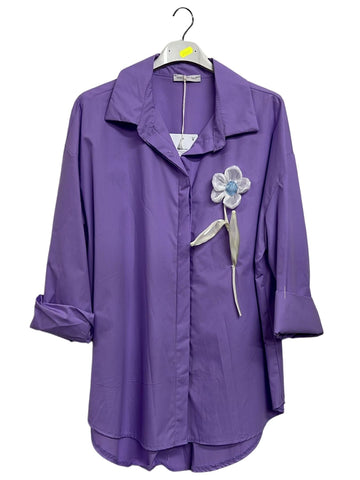Flower Applique Pattern High Low Hem Shirt