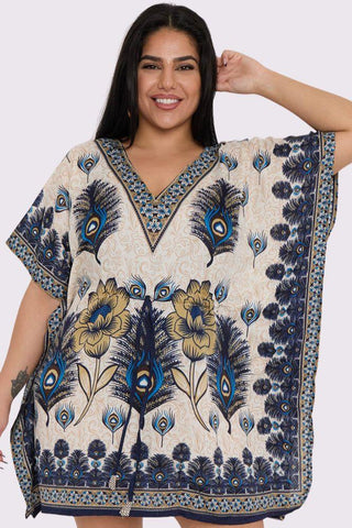 Peacock Feather Print Drawstring Waist Kaftan