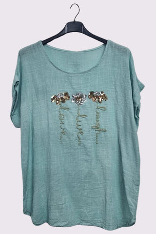 Sequin Embroidered Flower Pattern Curved Hem Cotton Top