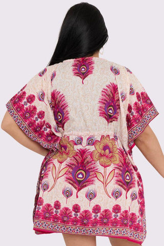 Peacock Feather Print Drawstring Waist Kaftan