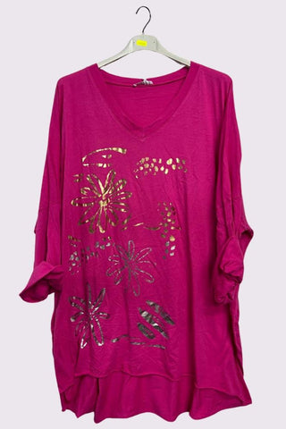Flower Leopard Foil Print Dip Hem Cotton Top
