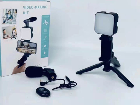 AY-49 Smartphone Vlog Kit – LED Fill Light, Tripod, Microphone, Phone Stand & Remote Controller