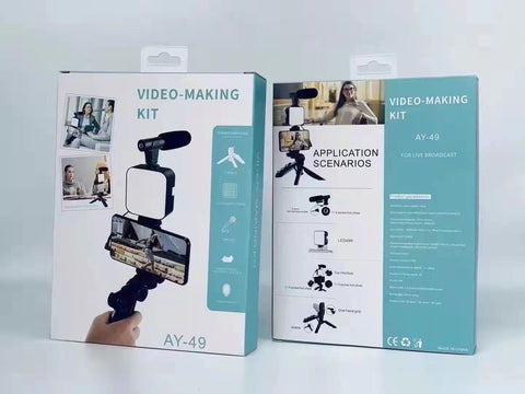 AY-49 Smartphone Vlog Kit – LED Fill Light, Tripod, Microphone, Phone Stand & Remote Controller