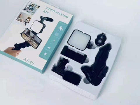 AY-49 Smartphone Vlog Kit – LED Fill Light, Tripod, Microphone, Phone Stand & Remote Controller