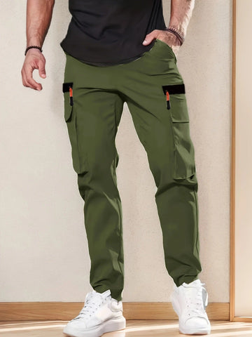 Men's Olive Green Cargo Pants – Straight-Leg, Zipper Pockets, Non-Stretch, Ideal for Spring & Fall Workwear