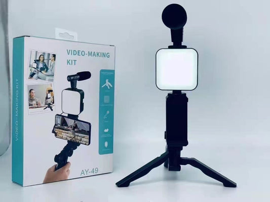 AY-49 Smartphone Vlog Kit – LED Fill Light, Tripod, Microphone, Phone Stand & Remote Controller