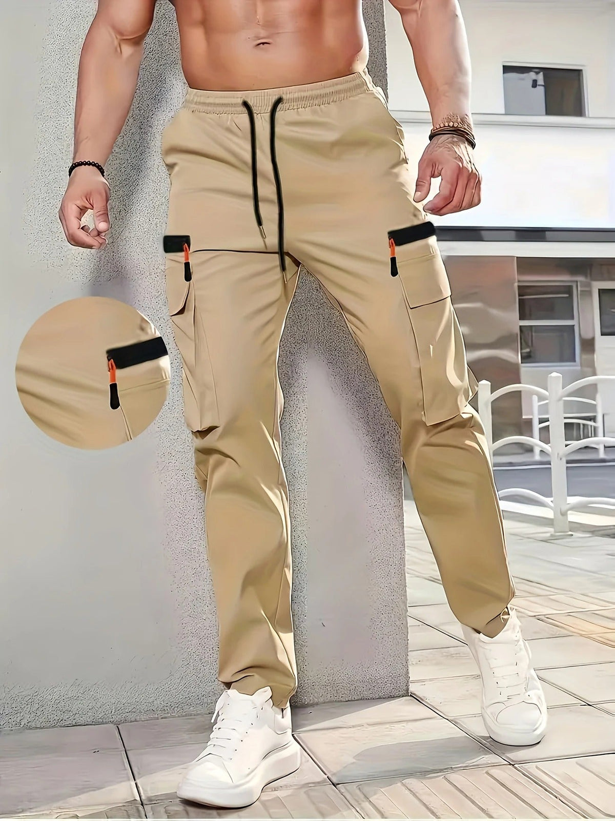 Men's Olive Green Cargo Pants – Straight-Leg, Zipper Pockets, Non-Stretch, Ideal for Spring & Fall Workwear