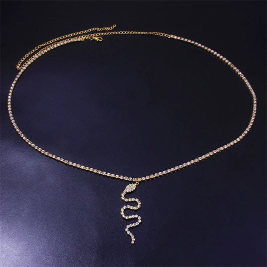 Sparkling Golden Snake Pendant Body Chain - Full Diamond Waist Jewelry for Women
