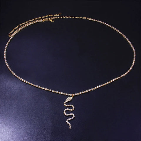 Sparkling Golden Snake Pendant Body Chain - Full Diamond Waist Jewelry for Women