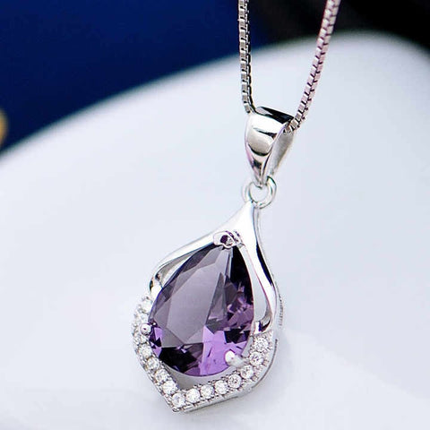 Elegant Purple Teardrop Crystal Necklace – Dainty Zircon Pendant for Women & Girls
