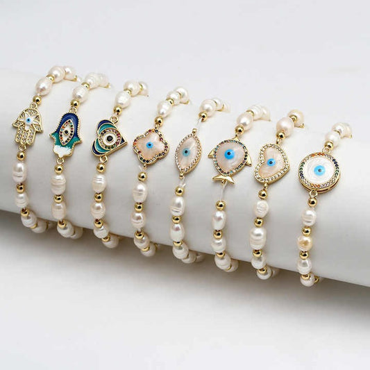 White & Gold Beads Shell Evil Eyes Charms Pearl Beads Bracelet for Women