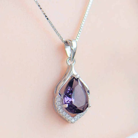 Elegant Purple Teardrop Crystal Necklace – Dainty Zircon Pendant for Women & Girls