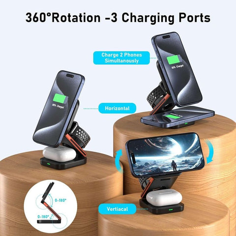 3-in-1 Foldable Magnetic Wireless Charging Station – 15W Fast Charger & Phone Holder