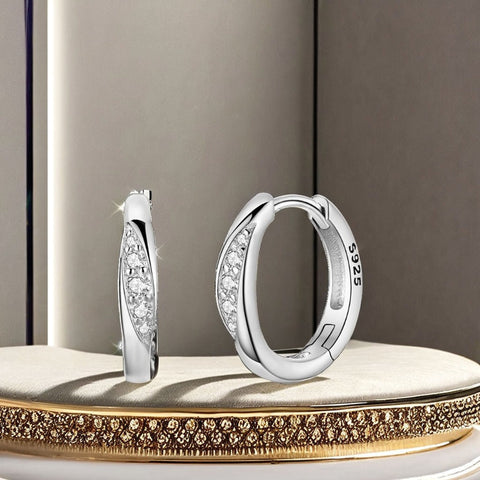 MULA 925 Sterling Silver Geometric Hoop Earrings – Classic Linear Design with White Zircon