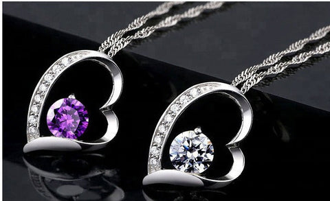 Sparkling Heart Pendant Necklace Available in White & Purple Crystal