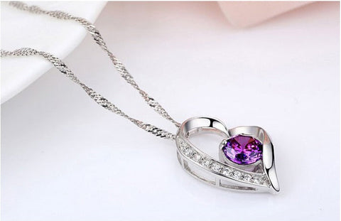 Sparkling Heart Pendant Necklace Available in White & Purple Crystal