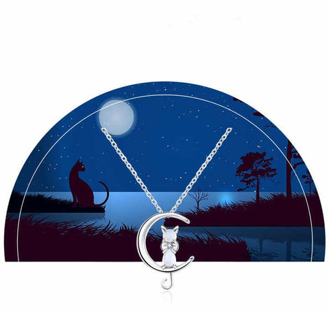 Dainty Moon & Cat Crystal Pendant Necklace – Waterproof & Elegant Fashion Jewelry