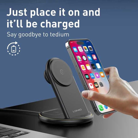 LDNIO WL02 15W Fast Charging Station - 3-in-1 Wireless Phone Charger for iPhone 15/14/13 Pro Max with Multifunctional Holder