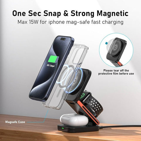 3-in-1 Foldable Magnetic Wireless Charging Station – 15W Fast Charger & Phone Holder