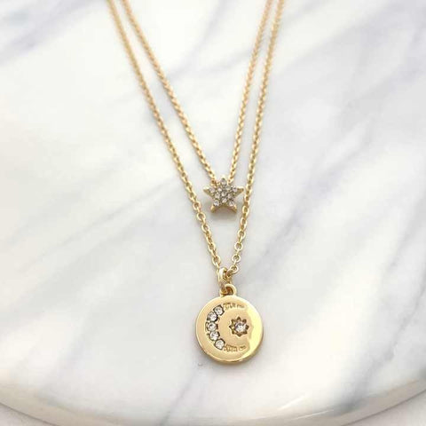 Classic Gold Plated Double Chain Necklace with Heart & Pearl Pendant