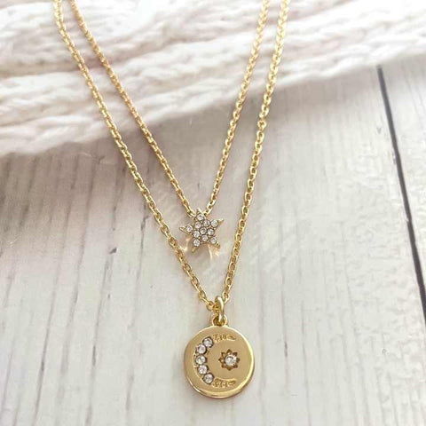 Classic Gold Plated Double Chain Necklace with Heart & Pearl Pendant