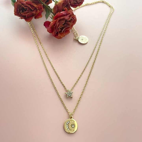 Classic Gold Plated Double Chain Necklace with Heart & Pearl Pendant