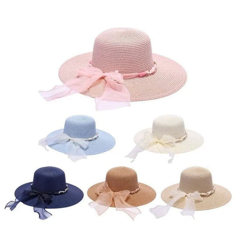 Ladies Straw Sun Hat with Pearl Chain Strap – Elegant Summer Accessory