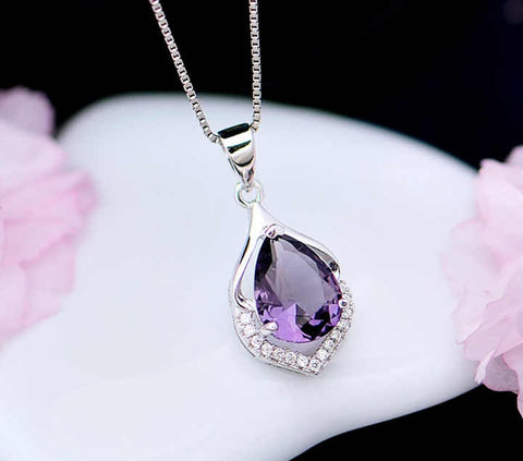 Elegant Purple Teardrop Crystal Necklace – Dainty Zircon Pendant for Women & Girls