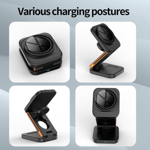 3-in-1 Foldable Magnetic Wireless Charging Station – 15W Fast Charger & Phone Holder