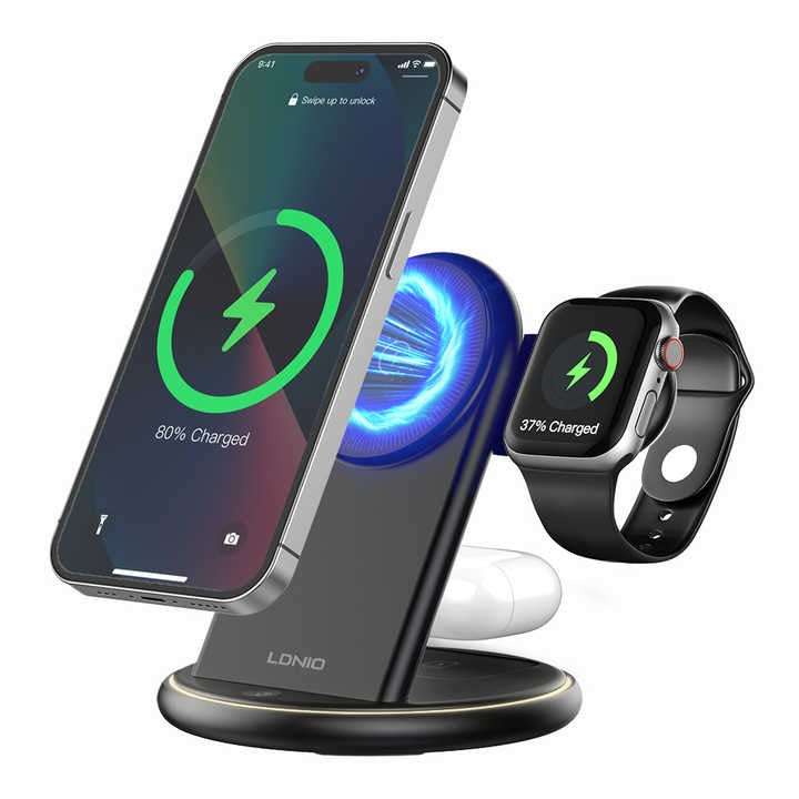 LDNIO WL02 15W Fast Charging Station - 3-in-1 Wireless Phone Charger for iPhone 15/14/13 Pro Max with Multifunctional Holder