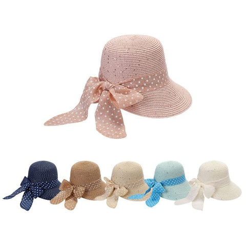Adjustable Straw Polka Dot Sun Hat – Wide Brim, Beach Style for Women (58-59 cm)