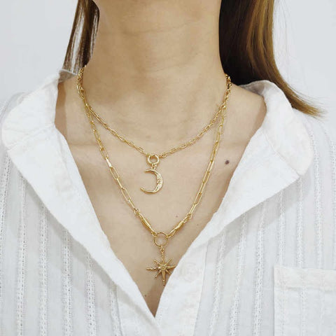 Fancy Korean Gold Plated Multi-Layer Star & Moon Necklace for Women