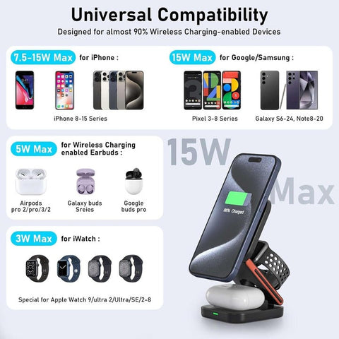 3-in-1 Foldable Magnetic Wireless Charging Station – 15W Fast Charger & Phone Holder